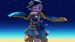 1girl blue_background blue_dress bright_pupils closed_mouth commentary cowboy_shot dress floral_print_dress flower furisode_sleeves gradient_background hair_flower hair_ornament highres idolmaster idolmaster_cinderella_girls kanzashi kimono_dress looking_at_viewer matsuo_chizuru multicolored_background obi obiage obijime one_eye_closed outstretched_arms own_hands_together print_dress print_sleeves purple_eyes purple_hair sash short_dress short_hair sky smile solo standing star_(sky) star_(symbol) star_hair_ornament starry_sky starry_sky_print sunrise swept_bangs symbol-only_commentary thick_eyebrows white_pupils wide_sleeves yawarakai_inu yellow_background