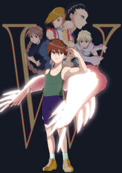 Rule 34 | 5boys, armpits, bare arms, black hair, black shirt, blonde hair, braid, brown footwear, brown hair, chang wufei, closed mouth, collarbone, duo maxwell, green tank top, gundam, gundam wing, hair over one eye, heero yuy, highres, hilde schbeiker, male focus, multiple boys, pectoral cleavage, pectorals, pink wings, purple scarf, purple shorts, quatre raberba winner, sanni, scarf, shirt, short hair, shorts, socks, tank top, trowa barton, white socks, wings