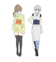 2girls alternate_costume artist_request black_thighhighs blue_sash brown_eyes brown_hair commentary english_commentary genderswap genderswap_(mtf) gintama grey_hair japanese_clothes kimono long_hair multiple_girls obi okita_sougo okita_souko orange_sash ponytail sakata_ginko sakata_gintoki sash short_hair side_slit thighhighs yellow_kimono