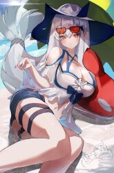 1girl absurdres arknights blue_nails blue_shorts blue_sky breasts closed_mouth commentary_request day eyewear_on_head hat highres inflatable_orca inflatable_toy large_breasts long_hair low-tied_long_hair lying nail_polish navel official_alternate_costume on_side orange_eyes petraruruka red-tinted_eyewear red_eyes short_shorts shorts skadi_(arknights) skadi_(waverider)_(arknights) sky solo stomach sun_hat thigh_strap tinted_eyewear very_long_hair water white_hair