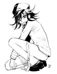 Rule 34 | 1boy, belt, belt buckle, buckle, buttons, checkered clothes, checkered scarf, chinese commentary, commentary request, danganronpa (series), danganronpa v3: killing harmony, evil smile, finger to mouth, full body, hair between eyes, hat, jacket, long sleeves, looking at viewer, male focus, multiple belts, oma kokichi, open belt, open mouth, pants, peaked cap, scarf, shoes, short hair, signature, simple background, smile, solo, squatting, thigh belt, thigh strap, white background, wrist belt, yokoyari mengo