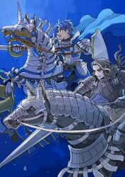 2boys alain_(unicorn_overlord) armor barding blue_background blue_cape blue_hair cape character_request commentary_request grey_hair highres holding holding_polearm holding_shield holding_sword holding_weapon horse kumakoro_(tetsupag) lance male_focus multiple_boys open_mouth pointing_melee_weapon pointing_sword polearm red_eyes shield short_hair sword unicorn unicorn_overlord v-shaped_eyebrows weapon