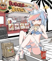 ! !! 1girl 1other animal_ears ankle_wrap armpit_crease bag bikini bikini_skirt blush bow burger commentary drink drinking_straw eating english_text feet food food_truck food_wrapper footwear_bow full_body hair_ribbon hands_up highres holding holding_burger holding_food hololive ketchup_bottle kureijii_saiko looking_at_viewer menu_board mustard_bottle official_alternate_costume official_alternate_hairstyle outdoors palm_tree paper_bag rabbit_ears rabbit_girl rabbit_ornament ribbon sandals short_hair single_wrist_cuff sitting soda solo_focus swimsuit thigh_strap tree usada_pekora usada_pekora_(summer) virtual_youtuber visor_cap wooden_floor wrist_cuffs yellow_eyes