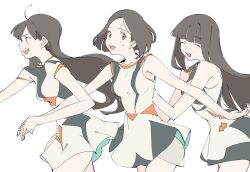 3girls :d a~chan bad_id bad_twitter_id bare_shoulders black_hair blunt_bangs breasts brown_eyes closed_eyes cowboy_shot dress hands_on_another&#039;s_back highres holding_hands idol_clothes inactive_account kashiyuka long_hair looking_at_viewer medium_breasts multicolored_dress multiple_girls nocchi_(perfume) open_mouth perfume_(band) profile real_life short_hair simple_background sleeveless sleeveless_dress smile standing suiso_(owp) sweatdrop white_background white_dress