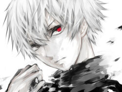 1boy black_shirt colored_skin commentary_request double-parted_bangs grey_eyes hair_between_eyes heterochromia kaneki_ken long_bangs looking_to_the_side looking_up male_focus nose pale_skin red_eyes shirt short_hair solo tokyo_ghoul turtleneck white_background white_skin zuihana_sumio