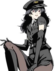 1boy amamiya_ren belt black_boots black_gloves black_hair black_jacket black_necktie black_pantyhose black_skirt boots collared_shirt crossdressing elbow_gloves gloves hair_between_eyes hat highres jacket knee_boots lipstick long_hair looking_at_viewer makeup male_focus necktie pantyhose persona persona_5 persona_5:_dancing_star_night persona_dancing police police_hat police_uniform red_eyes red_lips saichuu_(more1208) shirt simple_background sitting skirt smile solo trap wavy_hair white_background white_shirt