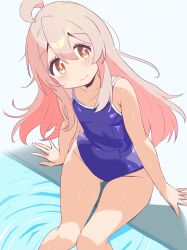 Rule 34 | 1girl, ahoge, blue one-piece swimsuit, breasts, brown eyes, commentary request, competition school swimsuit, feet out of frame, head tilt, highres, long hair, looking at viewer, one-piece swimsuit, onii-chan wa oshimai!, oyama mahiro, pink hair, poolside, school swimsuit, shirosakiyomogi, simple background, small breasts, smile, soaking feet, solo, swimsuit, water, white background