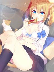 1girl animal animal_ears bad_id bad_pixiv_id black_skirt black_socks blonde_hair blue_bow blue_bowtie blue_eyes blurry blush bow bow_bra bowtie bra bread bread_slice breasts cat cat_ears cat_tail cleavage collarbone collared_shirt commentary depth_of_field dress_shirt eating eyebrows female_focus food food_on_face hair_between_eyes highres jam kneehighs knees_together_feet_apart legs lens_flare light_rays looking_at_viewer mafuyu_(chibi21) medium_breasts original pillow pleated_skirt revision shadow shirt skirt socks solo tail thighs toast twintails unbuttoned underwear untied white_bra white_shirt yawning