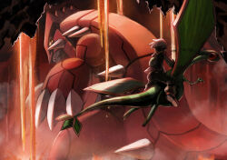 1boy bag beanie brendan_(pokemon) bright_pupils brown_eyes claws colored_sclera commentary_request flygon flying gen_3_pokemon groudon hat highres hisui-cha jacket lava legendary_pokemon looking_back male_focus nintendo pants pokemon pokemon_(creature) pokemon_rse riding riding_pokemon shoes spikes yellow_sclera
