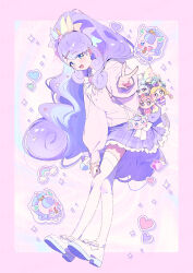 1girl animal backpack bag blue_eyes blue_hair border bow bowtie brooch cellphone character_charm character_request charm_(object) clothed_animal cloud creature_and_personification cure_friendy cure_lillian cure_nyammy cure_wonderful curly_hair eyelashes footwear_bow frilled_skirt frills full_body grid_background gyaru hair_bow hair_ornament hand_on_own_knee heart heart_brooch heart_hair_ornament highres holding holding_phone jewelry knees long_hair long_sleeves mary_janes miniskirt multicolored_bow multicolored_hair outside_border outstretched_arm paru_rari personification phone pink_border pink_hair pink_sweater plaid_clothes plaid_skirt pleated_skirt precure puffy_long_sleeves puffy_sleeves purple_bag purple_hair purple_skirt rainbow shirt shirt_under_sweater shoes sidelocks skirt smartphone solo sparkle standing streaked_hair sweater thighhighs unicorn v very_long_hair white_bow white_bowtie white_shirt white_shoes white_thighhighs wonderful_precure!