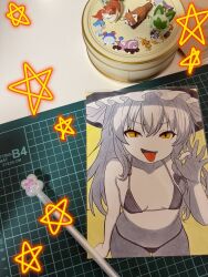 Rule 34 | 1girl, art tools in frame, bikini, braid, breasts, fellatio gesture, greyscale with colored background, hat, highres, kirisame marisa, long hair, midriff, navel, side braid, simple background, single braid, small breasts, smile, solo, spot color, swimsuit, tongue, tongue out, touhou, traditional media, tumugihikari, v-shaped eyebrows, witch hat, yellow eyes