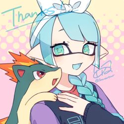 1girl aqua_eyes aqua_hair artist_name braid commentary_request commission dot_nose eyelashes fire gen_2_pokemon hairband inkling inkling_girl inkling_player_character inuowour long_hair nintendo open_mouth pokemon pokemon_(creature) purple_sweater quilava red_eyes red_shirt shirt signature smile splatoon_(series) sweater thank_you white_hairband