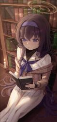 Rule 34 | 1girl, black hair, black shirt, blue archive, blue neckerchief, blush, book, bookshelf, brown cardigan, cardigan, closed mouth, crossed bangs, gold necklace, hair between eyes, hairband, highres, holding, holding book, jewelry, library, long hair, neckerchief, necklace, on floor, purple eyes, purple hairband, reading, samlooop, shirt, sidelocks, sitting, skirt, solo, striped clothes, striped skirt, ui (blue archive), vertical-striped clothes, vertical-striped skirt, white shirt, white skirt