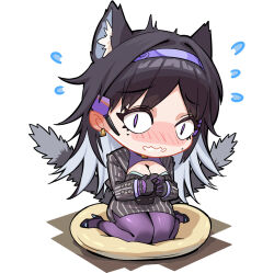 &lt;|&gt;_&lt;|&gt; 1girl animal_ears artist_request black_hair blush cat_ears cat_girl cat_tail chibi chibi_only chinese_commentary cushion dress fang flying_sweatdrops girls&#039;_frontline girls&#039;_frontline_neural_cloud hair_intakes headset inola_(neural_cloud) mole mole_under_eye official_art pinstripe_dress pinstripe_pattern purple_bodystocking purple_eyes second-party_source skin_fang solo tail tongue tongue_out wavy_mouth wide-eyed