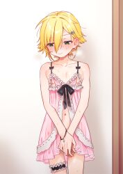 1boy babydoll blonde_hair blush bracelet closed_mouth clothing_request collarbone cowboy_shot cr-r crossdressing dress ear_blush embarrassed frilled_thigh_strap green_eyes hair_between_eyes hair_ornament heart heart_hair_ornament jewelry lingerie male_focus navel negligee nijisanji nipple_cutout open_clothes pink_babydoll pink_dress short_hair solo sweat thigh_strap trap underwear uzuki_kou virtual_youtuber
