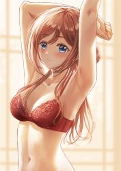 1girl armpits arms_up blue_eyes blush bra breasts brown_hair collarbone commentary gakuen_idolmaster highres himesaki_rinami idolmaster indoors linea_alba lingerie long_hair looking_at_viewer medium_breasts navel rapnit red_bra smile solo stomach underwear underwear_only very_long_hair