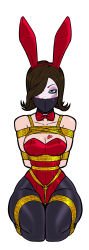 1girl animal_ears arms_behind_back bdsm blush bondage borderlands borderlands_(series) borderlands_2 bound bound_arms bound_legs bow bowtie box_tie breast_bondage breast_tattoo breasts brown_eyes brown_hair cleavage collarbone detached_collar fake_animal_ears gag gagged hair_over_one_eye heart heart_tattoo highres improvised_gag kneeling leotard looking_at_viewer mad_moxxi makeup playboy_bunny rabbit_ears red_leotard rope tattoo wossarem