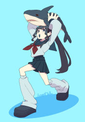 1girl artemis_of_the_blue atelier_live billyonthestraw blue_background blue_skirt blue_tongue blunt_bangs character_name colored_tongue highres holding holding_stuffed_toy ikea_shark long_hair long_sleeves loose_socks mole mole_under_eye neckerchief open_mouth ponytail red_sailor_collar sailor_collar school_uniform shark shark_girl sharp_teeth skirt socks stuffed_animal stuffed_shark stuffed_toy teeth virtual_youtuber wavy_sidelocks