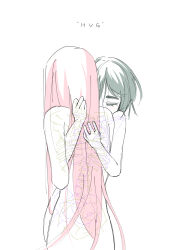 2girls absurdres alien_stage black_hair chinese_commentary closed_eyes coldmeow commentary_request completely_nude derivative_work english_text highres hug long_hair mizi_(alien_stage) multiple_girls nude partially_colored pink_hair skeleton sua_(alien_stage) very_long_hair