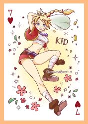 1girl :d bag bandages blonde_hair blue_eyes breasts card_(medium) character_name chrono_(series) chrono_cross commentary_request crop_top facial_mark full_body gloves high_ponytail highres holding holding_bag jewelry kid_(chrono_cross) legs long_hair looking_at_viewer maruno medium_breasts midriff multi-tied_hair navel necklace open_mouth panties pantyshot ponytail skirt smile solo teeth underwear upper_teeth_only vest white_panties