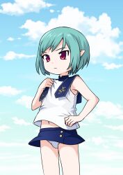 1boy absurdres adapted_costume crossdressing crossdressing_(mtf) elf eochaid_(mabinogi) green_hair highres looking_to_the_side mabinogi miniskirt outdoors panties pointy_ears punidayo red_eyes skirt sleeveless trap underwear