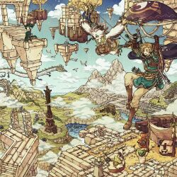 2boys aqua_tunic bird bird_boy black_cloak blonde_hair boots brown_boots brown_gloves cloak cloud creature fingerless_gloves flying full_body gloves grey_pants hair_between_eyes hang_gliding highres korok light_dragon_(zelda) link male_focus mountain multiple_boys nintendo open_mouth pants quiver rito ruins smile steward_construct the_legend_of_zelda the_legend_of_zelda:_tears_of_the_kingdom toriga tulin_(zelda) tunic weapon weapon_on_back