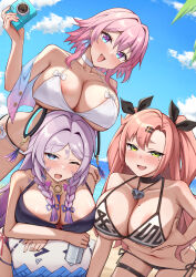3girls absurdres alternate_breast_size_(larger) areola_slip beach bikini black_bikini blue_sky blush breast_rest breasts camera citlali_(genshin_impact) cleavage color_connection commentary_request floating_headgear genshin_impact green_eyes hair_color_connection hair_intakes headgear highres holding holding_camera honkai:_star_rail honkai_(series) lank_(lankdesu) long_hair march_7th_(honkai:_star_rail) medium_hair mihoyo mole mole_under_eye multiple_girls navel nicole_demara ocean pink_hair sky stomach swimsuit twintails white_bikini zenless_zone_zero