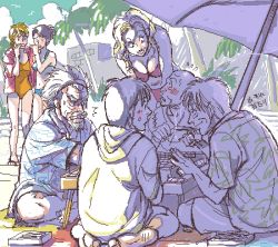 3girls 4boys akagi akagi:_yami_ni_oritatta_tensai akagi_shigeru bald beach beard bikini blonde_hair blush board_game facial_hair fukumoto_mahjong hairband holding holding_mahjong_tile igawa_hiroyuki jacket kanamitsu_shuuzou lowres mahjong mahjong_tile monk multiple_boys multiple_girls mustache oekaki old old_man palm_tree sitting sweat swimsuit table teeth ten_(manga) tree umbrella washio_hitoshi white_hair