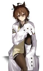1girl agnes_tachyon_(umamusume) ahoge black_pantyhose black_shirt brown_hair chemical_structure closed_mouth coat collared_shirt earrings hair_between_eyes hand_up highres huge_ahoge jewelry knees_up koret_owo lab_coat looking_at_viewer no_pants pantyhose red_eyes shirt short_hair simple_background single_earring sitting sleeves_past_fingers sleeves_past_wrists smile solo sweater umamusume white_background white_coat wolf_cut yellow_sweater