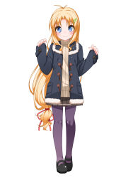 1girl absurdres ahoge blonde_hair blue_eyes blush coat commentary_request female_focus fur_trim grey_pantyhose hair_ornament hairclip highres kashiwagi_hatsune kizuato long_hair long_sleeves looking_at_viewer low-tied_long_hair mary_janes pantyhose pleated_skirt shoes shouji_ayumu simple_background skirt sleeves_past_wrists smile solo sweater turtleneck turtleneck_sweater white_background