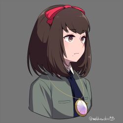 1girl brown_eyes brown_hair closed_mouth do_m_kaeru hair_ribbon jewelry mole mole_under_mouth necklace necktie persona persona_1 ribbon school_uniform short_hair simple_background skirt solo sonomura_maki st._hermelin_school_uniform twitter_username