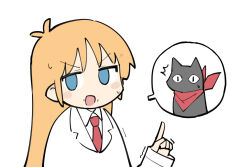 1girl animal antenna_hair blue_eyes cat food food_on_face fusazakura lab_coat long_hair necktie nichijou orange_hair professor_shinonome sakamoto_(nichijou) sweatdrop white_background