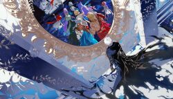 4boys 6+girls absurdres aglaea_(honkai:_star_rail) anaxa_(honkai:_star_rail) back blonde_hair castorice_(honkai:_star_rail) character_request flame_reaver_of_the_deepest_dark floating grey_hair highres holding holding_weapon honkai:_star_rail honkai_(series) hyacine_(honkai:_star_rail) long_hair medium_hair multiple_boys multiple_girls mydei_(honkai:_star_rail) orange_hair phainon_(honkai:_star_rail) pogogu ponytail purple_hair red_hair short_hair standing trinnon_(honkai:_star_rail) weapon white_hair