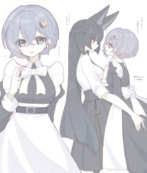 2girls absurdres alternate_costume animal_ear_fluff animal_ears belle_(zenless_zone_zero) black_dress black_necktie black_skirt blue_hair blunt_bangs bow bowtie collared_shirt commentary_request dress enmaided fox_ears fox_girl green_eyes hair_between_eyes hair_ornament high-waist_skirt highres hoshimi_miyabi letter_hair_ornament long_hair looking_at_another maid multiple_girls necktie red_eyes shirt skirt sleeves_rolled_up white_bow white_bowtie yuri zenless_zone_zero zzzii0