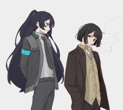 1boy 1girl black_hair black_jacket black_necktie black_pants bob_cut brown_pants cigarette connor_(detroit) connor_(detroit)_(cosplay) cosplay cowboy_shot detroit:_become_human half_updo hank_anderson hank_anderson_(cosplay) highres hong_lu_(project_moon) jacket lapels limbus_company long_hair necktie notched_lapels pants past_desiderium project_moon red_eyes ryoshu_(project_moon) short_hair simple_background smoke smoking very_long_hair white_background