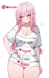 1girl absurdres blunt_bangs blush breasts cleavage clothes_writing commentary cowboy_shot english_commentary hand_on_own_hip highres hololive hololive_english koahri large_breasts like_and_retweet long_hair looking_to_the_side mori_calliope no_pants pink_eyes pink_hair pout shirt short_sleeves sidelocks simple_background solo t-shirt twitter_cutting_game virtual_youtuber white_background