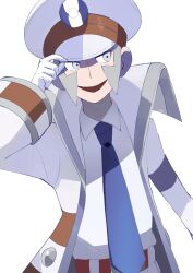 1boy amaoto4696kn blue_necktie coat emmet_(pokemon) gloves grey_eyes grey_hair highres long_sideburns long_sleeves looking_to_the_side male_focus necktie nintendo pants pokemon pokemon_bw shirt sideburns simple_background solo white_background white_coat white_gloves white_pants white_shirt