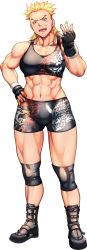 1girl abs absurdres blonde_hair boots breasts daikokuya_yenjaku female_focus fingerless_gloves full_body gloves hand_on_own_hip highres mullet muscular muscular_female navel open_mouth original scar solo sports_bra wrestling_outfit