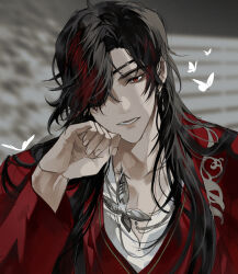 1boy bishounen black_hair blurry bug butterfly butterfly_necklace chinese_clothes collarbone earrings eyepatch hair_over_one_eye hand_on_own_cheek hand_on_own_face hand_up hanfu head_rest highres hua_cheng insect jewelry long_hair long_sleeves looking_at_viewer male_focus necklace one_eye_covered parted_lips pointy_ears red_eyes red_hanfu robe ronpu_cooing silver_necklace smile solo tianguan_cifu upper_body white_butterfly