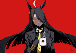 1girl absurdres ahoge alternate_eye_color animal_ears animal_print artist_name black_coat black_gloves black_hair black_shirt cat_print closed_mouth coat coffee_mug collared_shirt cup ear_tag earrings english_text engrish_text expressionless gloves hair_over_one_eye hand_up highres holding holding_cup horse_ears horse_girl jewelry long_bangs long_hair long_sleeves manhattan_cafe_(umamusume) mug multicolored_hair necktie open_clothes open_coat ranguage red_background red_eyes ringring_(artist) shirt signature simple_background single_earring solo steam umamusume very_long_hair white_hair yellow_necktie