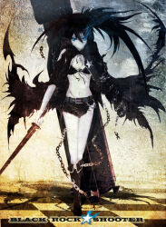 1girl belt bikini black_coat black_hair black_rock_shooter black_rock_shooter_(character) black_shorts blue_eyes boots chain coat flaming_eye frank-syou front-tie_bikini_top front-tie_top glowing glowing_eye long_hair pale_skin scar shorts solo swimsuit sword torn_clothes torn_coat torn_shorts twintails uneven_twintails weapon