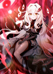 1girl absurdres ahoge artist_name black_gloves black_pantyhose breasts commentary_request extra_eyes eye_hair_ornament eye_symbol genshin_impact gloves hair_between_eyes hair_ornament hand_up highres invisible_chair kise_inaka long_hair looking_at_viewer pantyhose parted_lips ronova_(genshin_impact) side_ahoge sitting solo symbol-shaped_pupils very_long_hair white_hair yellow_eyes