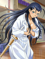 1girl black_hair blue_eyes blush breasts cleavage closed_mouth collarbone covering_privates covering_breasts embarrassed floating_hair hair_intakes hakama ikkitousen indoors japanese_clothes kakouen_myousai kimono large_breasts leaning_forward long_hair shinai shiny_skin solo standing straight_hair sword very_long_hair weapon white_hakama white_kimono