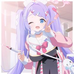Rule 34 | ;d, bandaid, bandaid hair ornament, blue archive, blue eyes, blush, border, bow, bowtie, breasts, cardigan, commentary request, cowboy shot, fang, hair ornament, hairclip, halo, hanae (blue archive), hands up, happy, hat, highres, holding, holding syringe, impossible clothes, indoors, kaerunrun, large breasts, leaning forward, lens flare, long hair, looking at viewer, nurse, nurse cap, one eye closed, open cardigan, open clothes, open mouth, outside border, pill hair ornament, pink cardigan, pink halo, purple hair, red bow, red bowtie, sailor collar, school uniform, serafuku, skin fang, sleeves past wrists, smile, straight hair, stuffed animal, stuffed rabbit, stuffed toy, swept bangs, syringe, twintails, very long hair, white border, white hat, white sailor collar