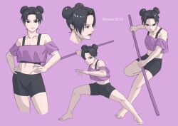 1girl alternate_eye_color alternate_hair_color barefoot bike_shorts black_eyes black_hair black_undershirt bo_staff breasts commentary double_bun fighting_stance hair_bun hair_intakes hands_on_own_hips highres holding holding_staff holding_weapon midriff multiple_views naruto naruto_(series) off-shoulder_shirt off_shoulder official_alternate_costume open_mouth pink_background pink_shirt shirt short_hair shorts simple_background small_breasts smile sports_bra sportswear sssiii7610 staff tenten_(naruto) toned v-shaped_eyebrows weapon