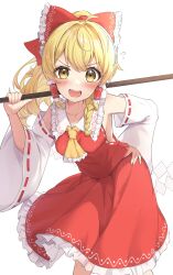 1girl absurdres alternate_costume alternate_hairstyle ascot blonde_hair blush bow breasts commentary_request cosplay detached_sleeves frilled_bow frilled_hair_tubes frilled_skirt frills gohei hair_bow hair_tubes hakurei_reimu hakurei_reimu_(cosplay) hand_on_own_hip highres holding holding_gohei hot kirisame_marisa leaning_forward long_hair looking_at_viewer open_mouth ponytail red_bow red_skirt ribbon-trimmed_sleeves ribbon_trim skirt skirt_set smile solo sweat touhou wheat_retzel yellow_ascot yellow_eyes