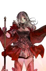 1girl armor axe bad_id bad_twitter_id breastplate breasts cape closed_mouth commentary_request cowboy_shot edelgard_von_hresvelg fire_emblem fire_emblem:_three_houses fire_emblem_warriors:_three_hopes hair_over_one_eye highres holding holding_axe holding_weapon korean_commentary long_hair looking_at_viewer medium_breasts nintendo official_alternate_costume official_alternate_hairstyle purple_eyes red_cape sanya_(hwanmul) simple_background solo standing thighs weapon white_background