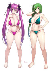 Rule 34 | 2girls, arm up, artist name, barefoot, beatmania iidx, bemani, bikini, breasts, cleavage, closed mouth, collarbone, covered erect nipples, feet, full body, gluteal fold, green eyes, green hair, hair between eyes, hair ornament, hand on own hip, hand up, kitami erika, large breasts, legs, long hair, looking at viewer, micro bikini, mizushiro celica, multiple girls, navel, onomeshin, paid reward available, purple eyes, purple hair, side ponytail, simple background, smile, standing, star (symbol), star hair ornament, stomach, sweat, swimsuit, toenails, toes, twintails, very long hair, white background