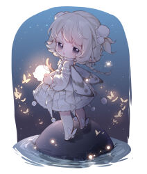 Rule 34 | 1girl, absurdres, black eyes, blonde hair, border, braid, bug, butterfly, chibi, choker, colored eyelashes, detached sleeves, dress, expressionless, frilled dress, frilled sleeves, frills, hair ornament, high heels, highres, holding, holding lantern, infinity nikki, insect, insect wings, lantern, light blush, light particles, long hair, long sleeves, looking at viewer, looking back, low twin braids, moth wings, night, night sky, nightlight whispers (infinity nikki), nikki (series), nuli de chengzhi er, open mouth, outdoors, pleated dress, pointy ears, pom pom (clothes), pom pom hair ornament, puffy long sleeves, puffy sleeves, ripples, sad, shoes, short dress, sky, solo, sparkle, standing, star (sky), starry sky, strapless, strapless dress, tareme, tearing up, twin braids, two side up, very long hair, water, white border, white choker, white shoes, white sleeves, white wings, wings, yellow butterfly