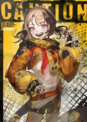Rule 34 | 1girl, absurdres, ahoge, artist name, black shorts, blonde hair, brown hair, cropped hoodie, gigi murin, gigi murin (1st costume), hand up, highres, hololive, hololive english, hood, hoodie, looking at viewer, multicolored hair, open mouth, orange hoodie, shirt, shorts, solo, tail, teeth, twintails, two-tone hair, virtual youtuber, white shirt, yorulost